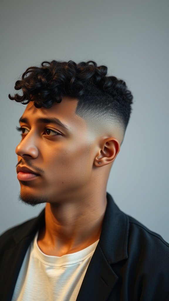 A man with a fade haircut and short curly top, showcasing a stylish and modern look.
