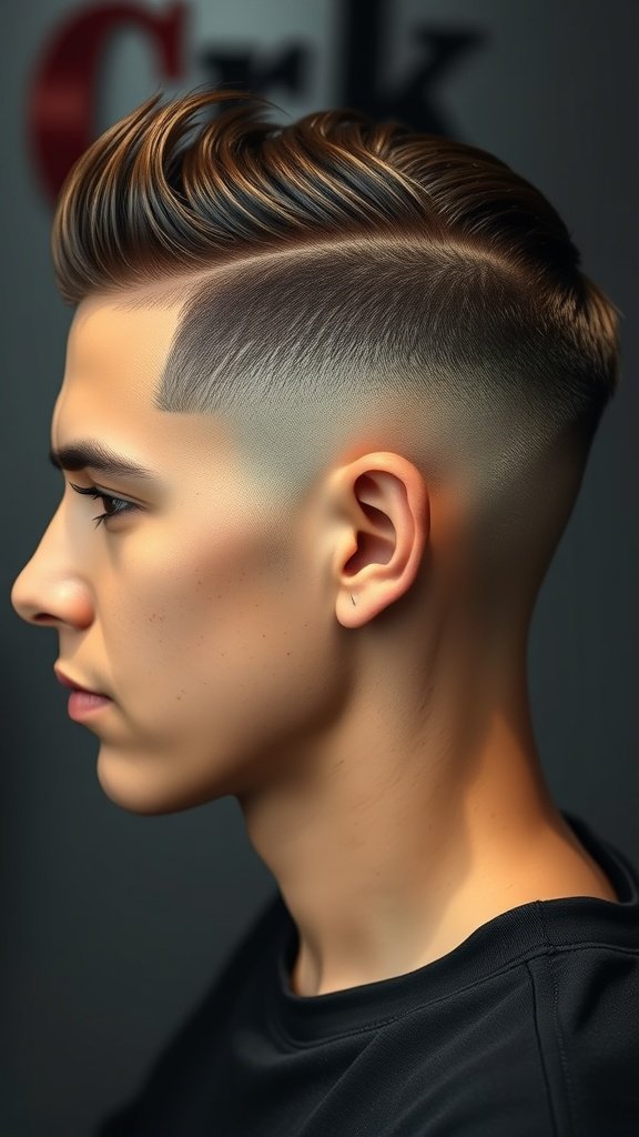 A stylish fade haircut with a side shave, showcasing a smooth transition from longer hair on top to a closely shaved side.