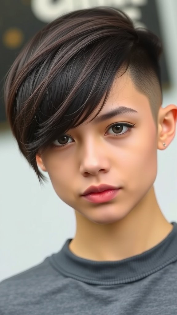 A young person with a fade haircut and side swept bangs, showcasing a stylish and modern look.