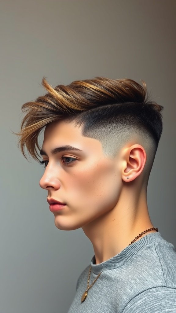 A young man with a fade haircut and side swept undercut, showcasing a stylish and modern look.