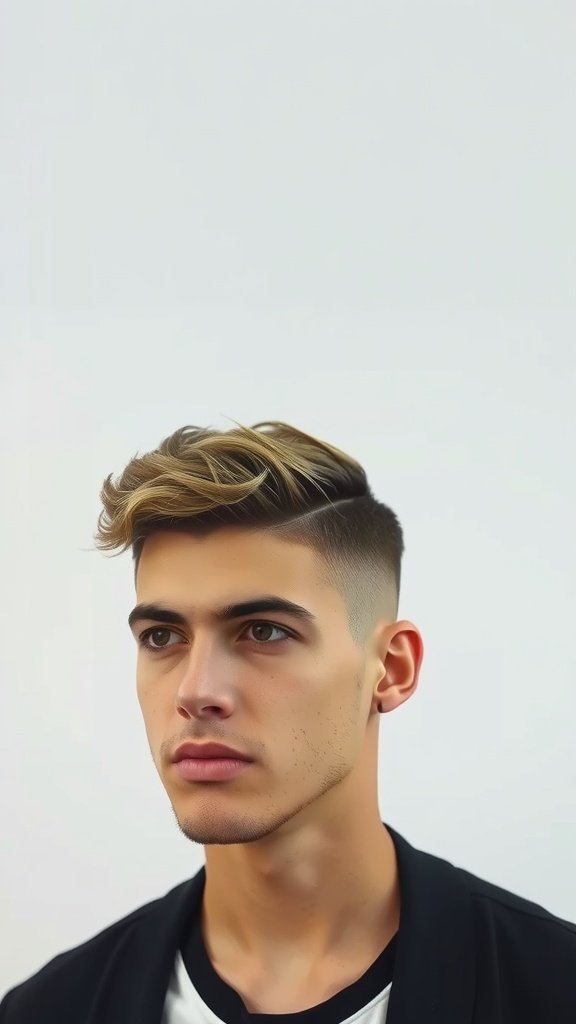 A young man with a fade haircut and soft waves on top, looking stylish and confident.