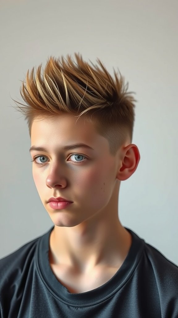 A young man with a fade haircut and spiky hair on top, showcasing a modern hairstyle.