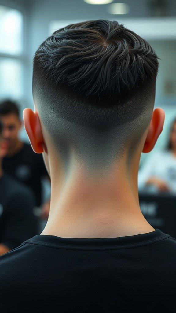 A close-up view of a fade haircut on straight hair, showcasing the smooth transition from short to longer hair.