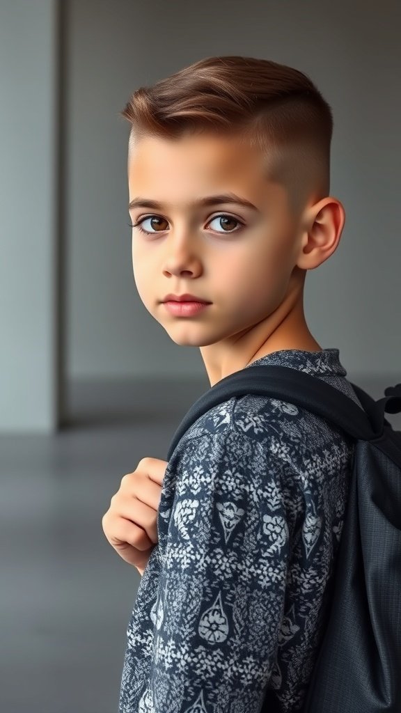 A young boy with a fade haircut and textured top, wearing a backpack.