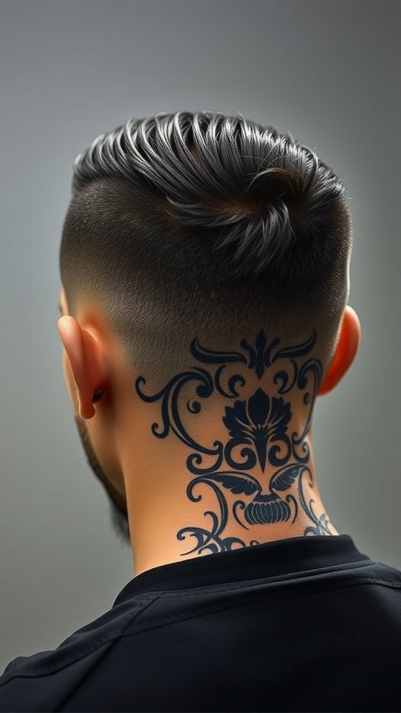 A stylish fade haircut with an undercut and intricate design tattoo on the back of the neck.