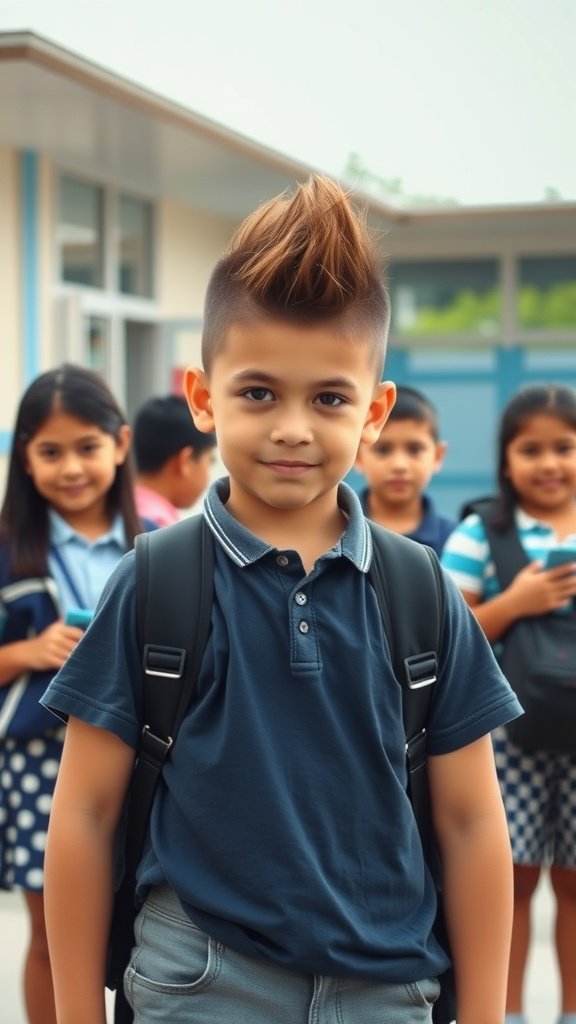A young boy with a faux hawk hairstyle standing confidently in front of his classmates.