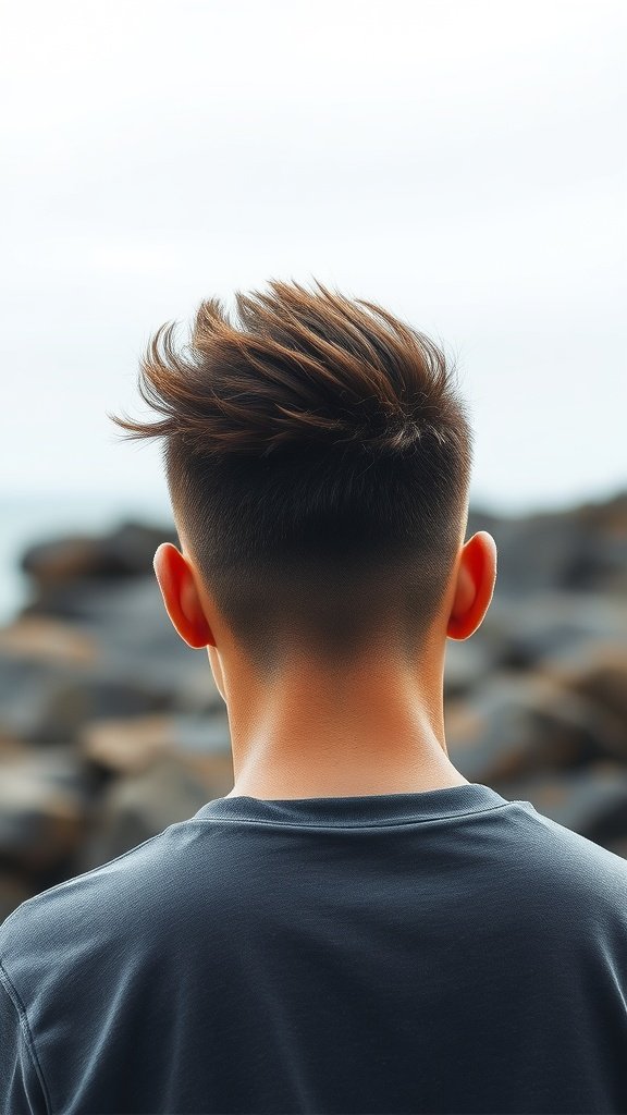 Back view of a person with a faux hawk fade hairstyle, showcasing a clean fade and textured hair on top.