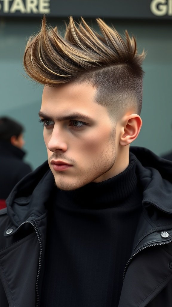 A young man with a stylish faux hawk hairstyle, featuring tapered sides and voluminous hair on top.