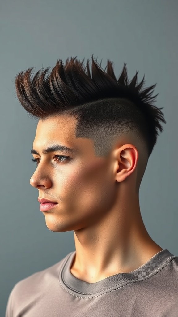 A young man with a faux hawk hairstyle featuring a mid-fade, showcasing a modern and stylish look.