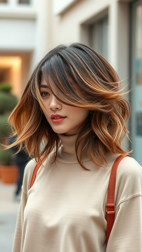 A woman with shoulder-length feathered layers hairstyle, showcasing warm tones and soft texture.