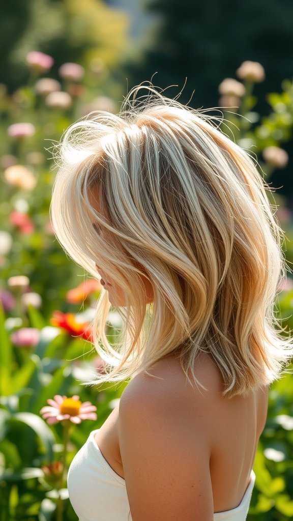 A woman with medium-length feathered layers of hair, standing in a flower garden, showcasing a light and airy hairstyle.