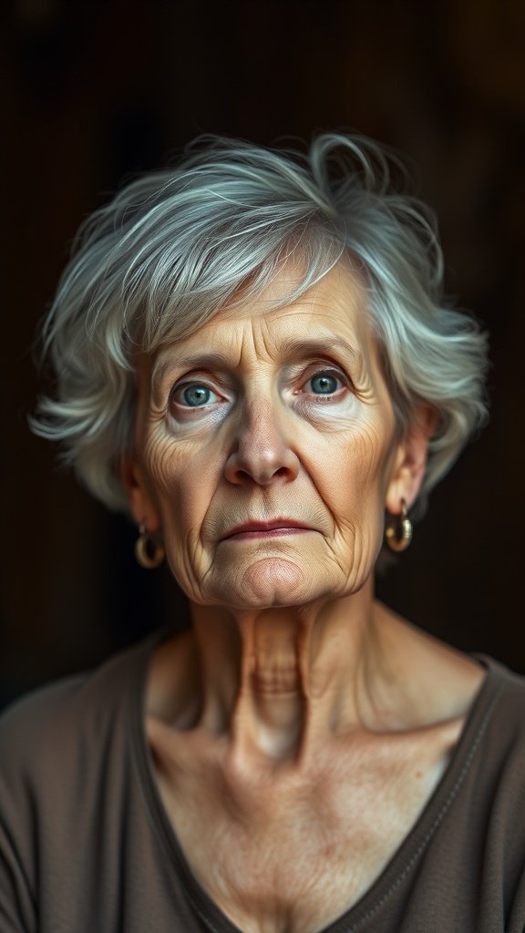 An older woman with a feathered short haircut, showcasing soft layers and a youthful appearance.