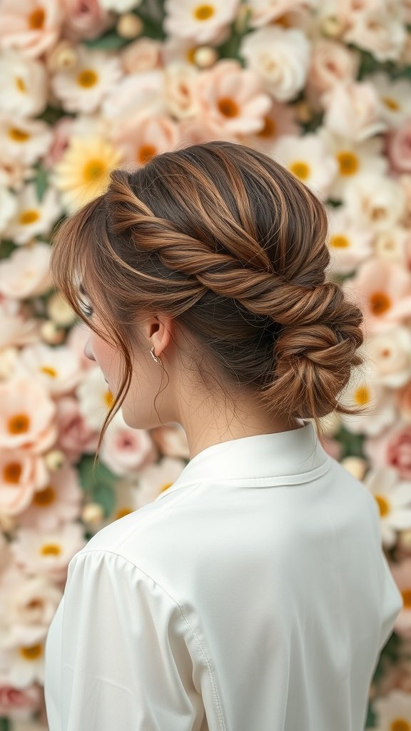 A woman with medium-length layered hair styled in soft twists, set against a floral background.