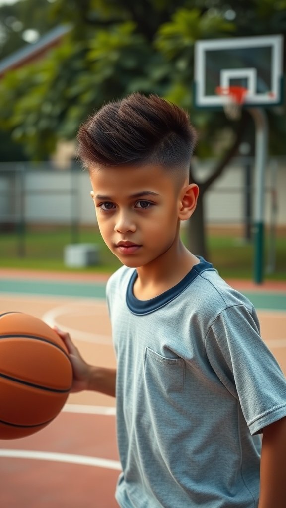 A young boy with a flat top haircut holding a basketball on a court.