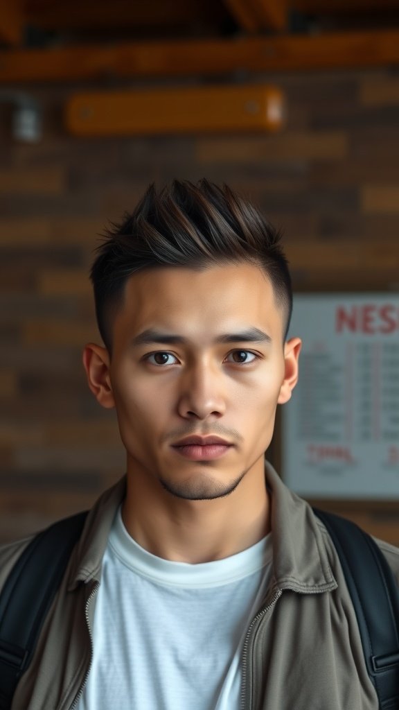 A young man with a flat top hairstyle, showcasing clean lines and a modern look.