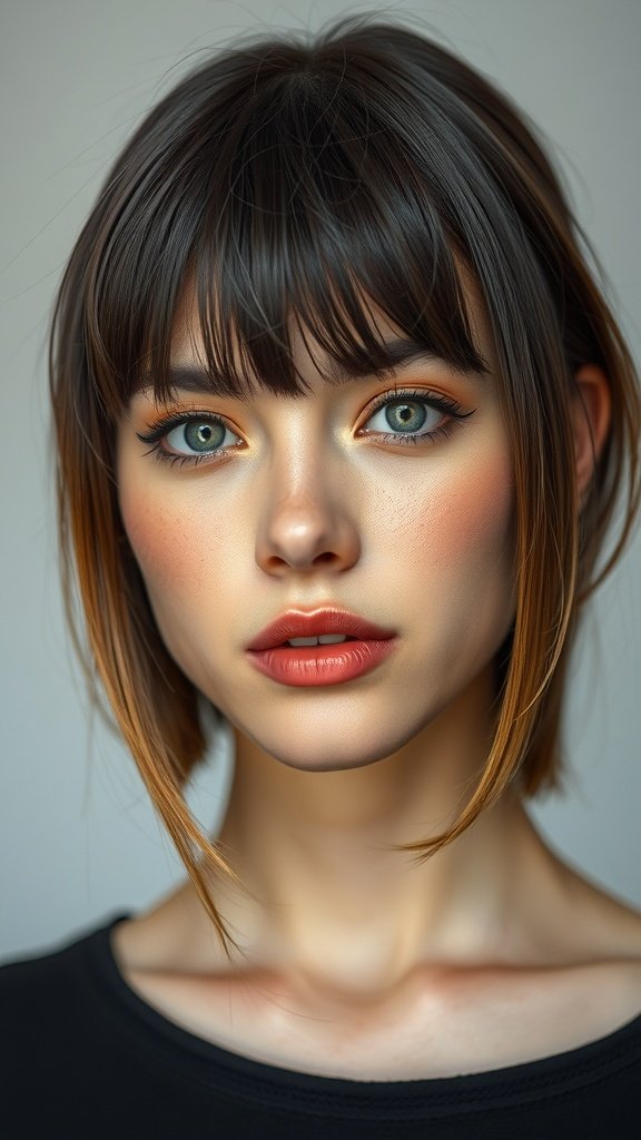 A close-up of a person with a fringe hairstyle and mid-fade haircut, showcasing the blend of styles.
