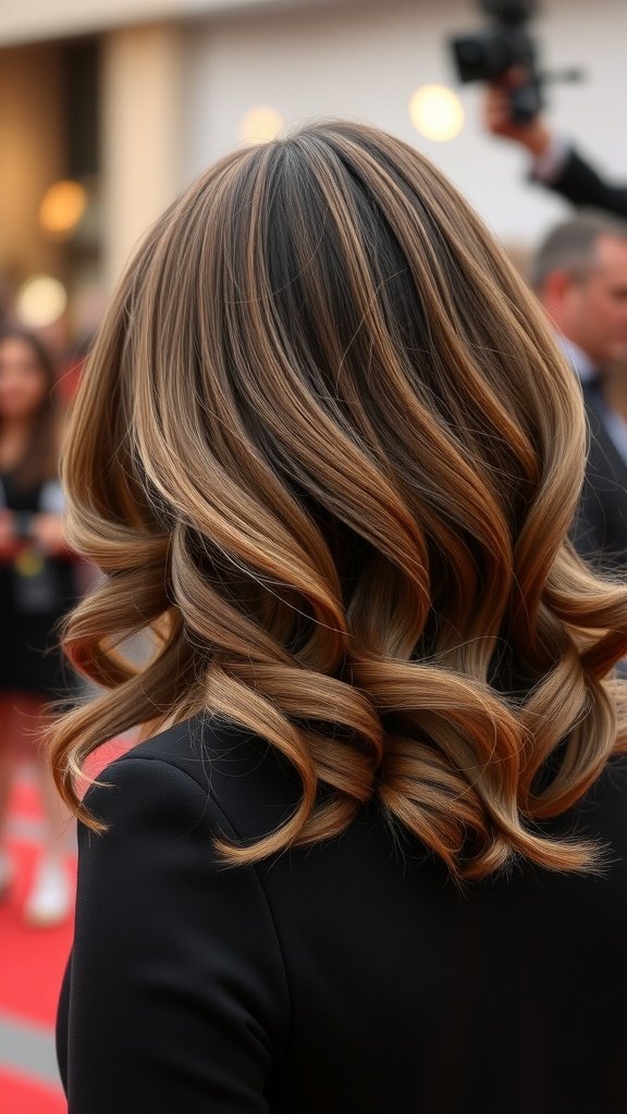 A woman with medium-length layered hair styled in glamorous Hollywood waves, showcasing rich tones and soft curls.
