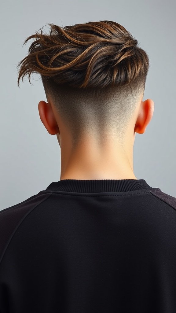 A stylish grown-out undercut hairstyle showing longer hair on top and faded sides.