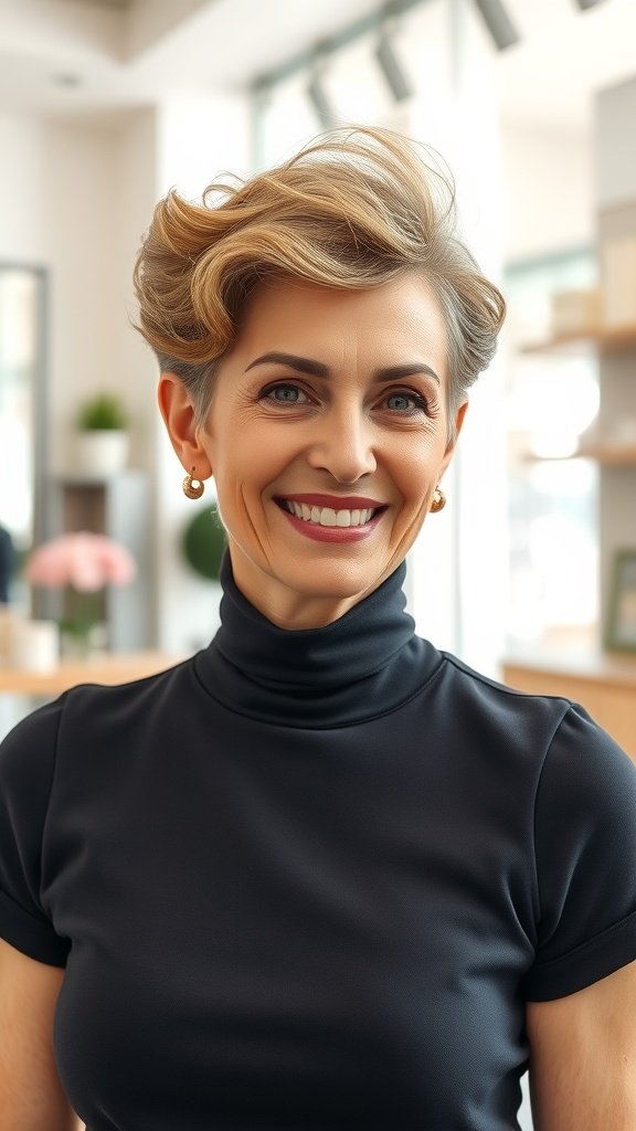 A woman with a stylish pixie haircut featuring a curly top and tapered sides, smiling confidently.