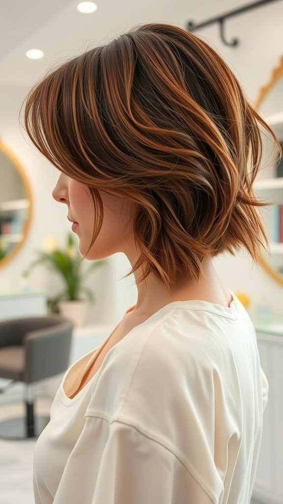 A woman with an A-Line Micro Bob hairstyle featuring soft waves.