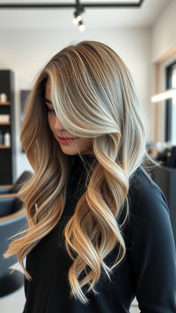 A woman with ash blonde hair styled in soft waves, featuring charcoal lowlights for added dimension.