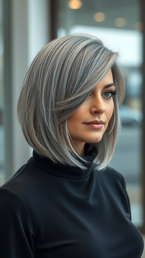 A woman with a gray blunt bob hairstyle and a subtle side part, wearing a black turtleneck.