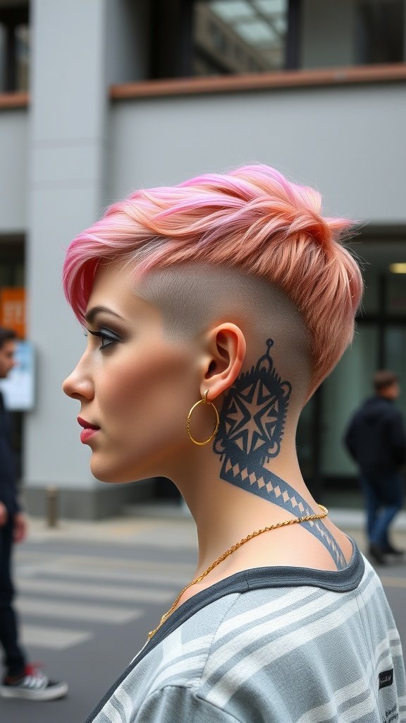 A woman with a bold pixie haircut featuring an undercut and geometric tattoo detail on her neck, showcasing soft pink and peach hair colors.