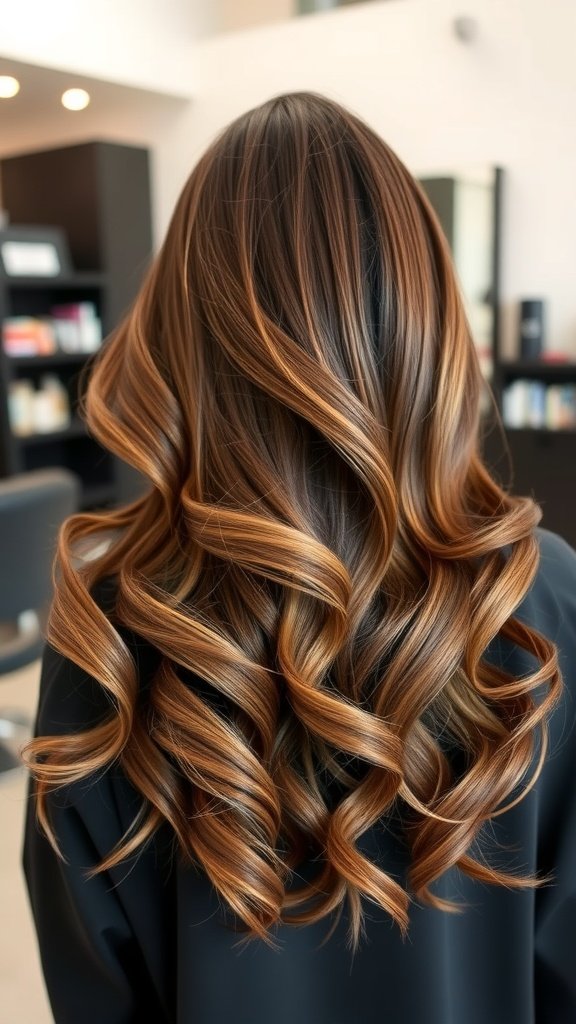 Brunette hair styled in polished curls with balayage highlights