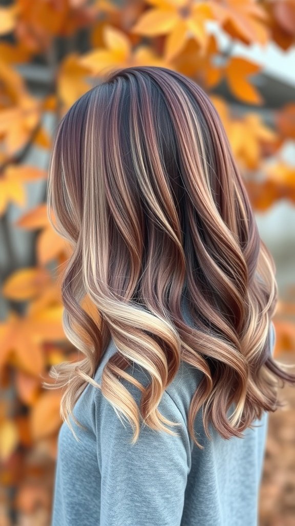 A woman with burgundy balayage hair featuring blonde highlights, styled in loose waves.