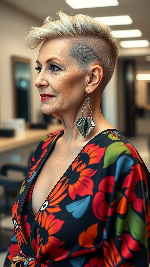 A woman with a buzz cut featuring a geometric design on the side, wearing colorful attire and statement earrings.