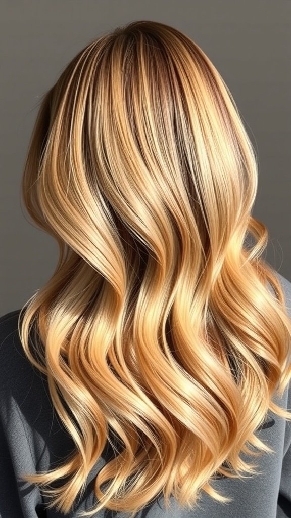 Caramel balayage hairstyle with soft blonde highlights and gentle waves