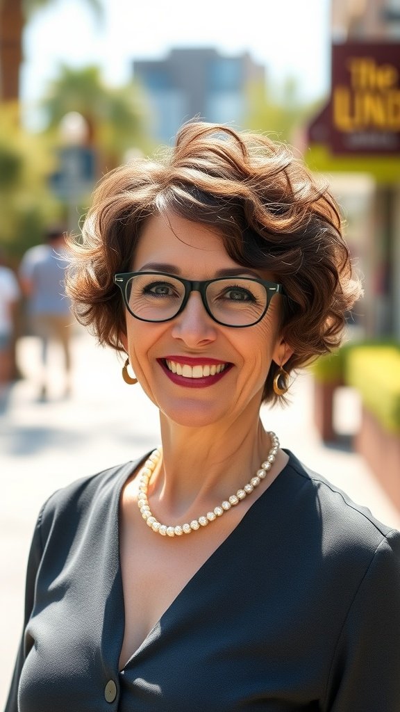 A woman with a chic curly layered pixie hairstyle, wearing glasses and a pearl necklace, smiling outdoors.