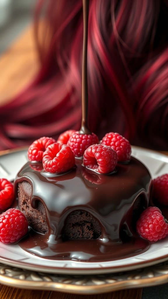 A rich chocolate dessert topped with raspberries, with dark red hair in the background.