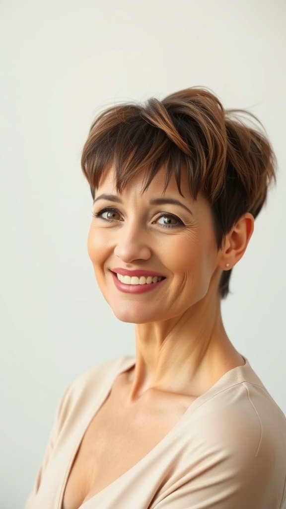 A woman with a choppy pixie haircut and long bangs, smiling confidently.
