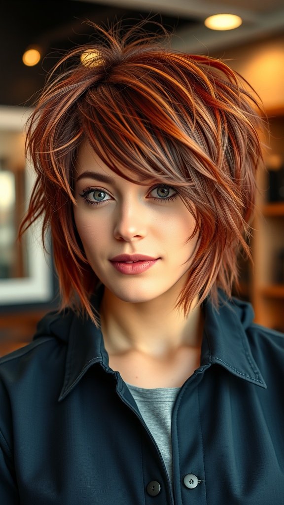 A woman with a choppy shag haircut featuring hidden layers and warm tones, looking stylish and modern.