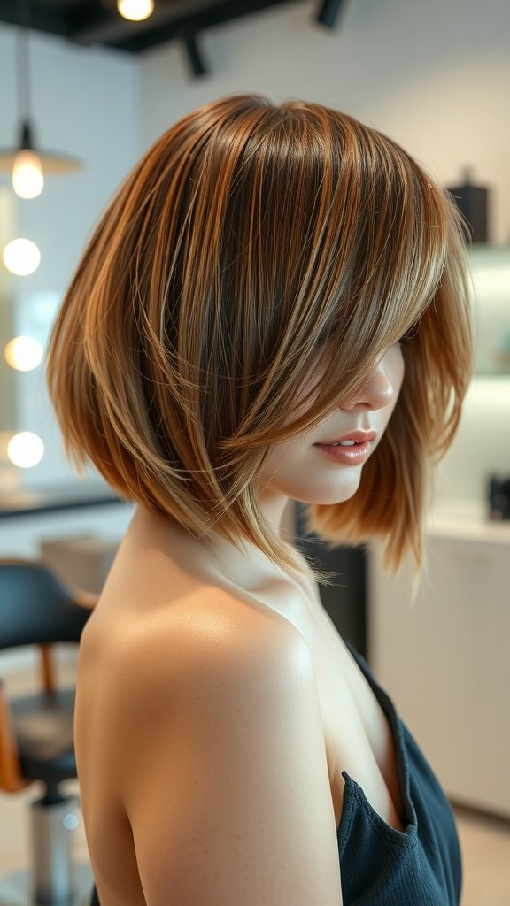 A woman with a classic feathered bob hairstyle featuring soft layers and subtle baby lights.