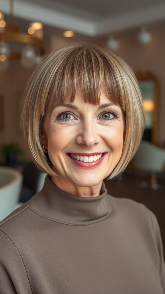 A woman with a classic pageboy cut and full bangs, smiling confidently.