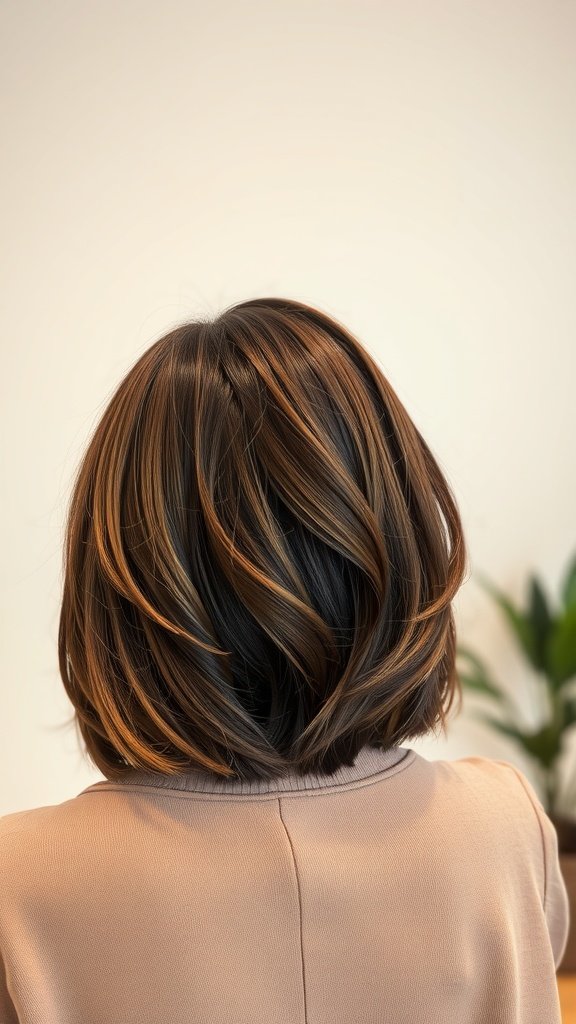 A stylish coffee brown bob haircut with caramel lowlights, viewed from the back.