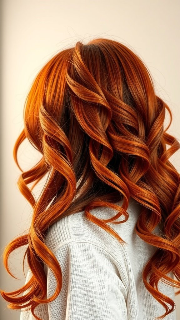 A woman with beautifully curled hair in copper and red hues, showcasing a vibrant hairstyle.