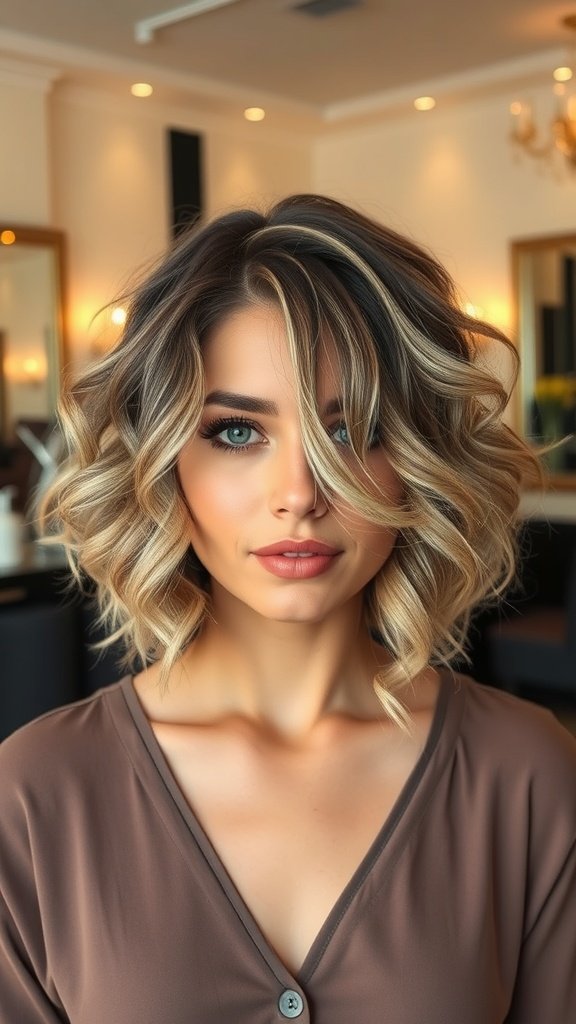 A woman with a curly bob hairstyle featuring subtle highlights, showcasing a stylish and modern look.