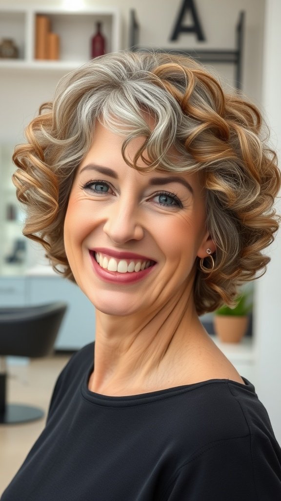 A woman over 50 with a curly tapered cut, showcasing defined curls and a bright smile.