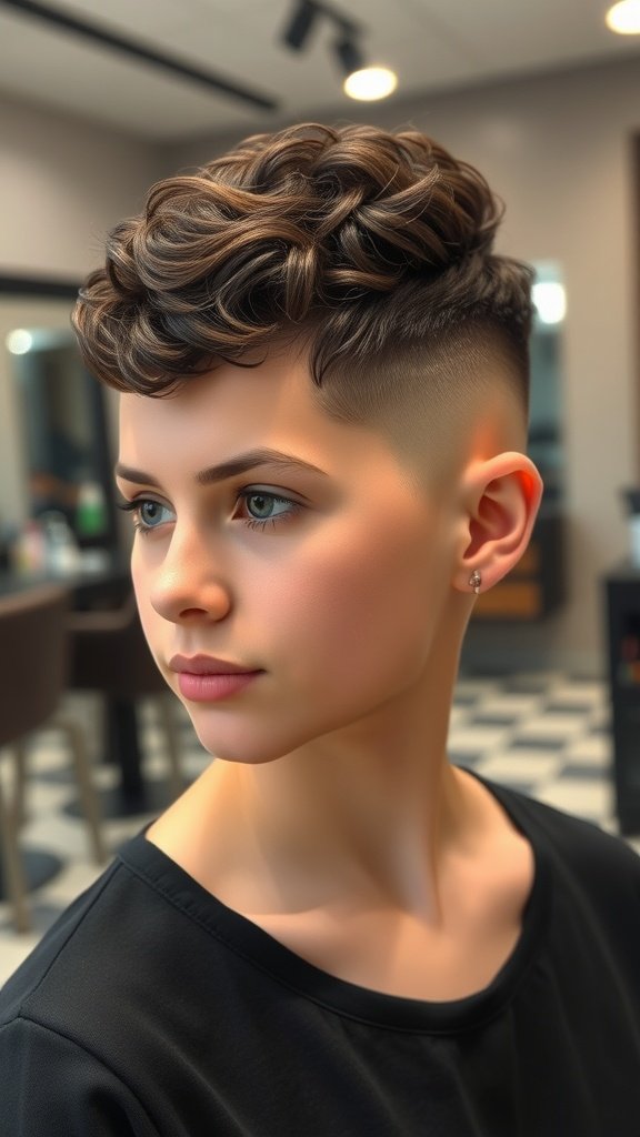 A young person with a curly top pixie haircut featuring a fade on the sides, showcasing thick hair texture.