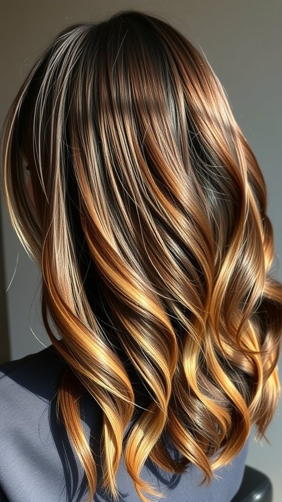 Dark brown hair with blonde peekaboo highlights styled in soft waves