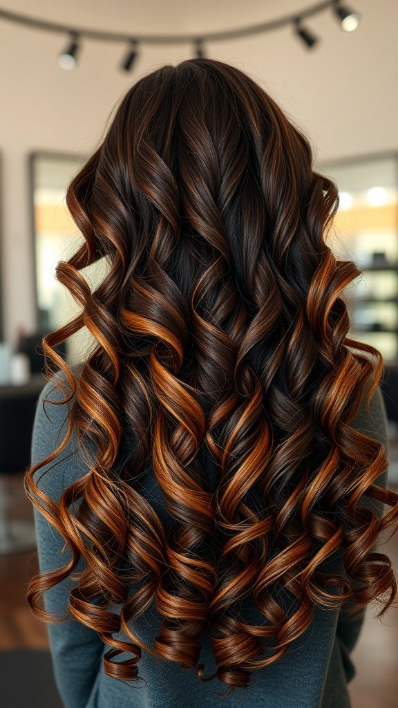 Dark chestnut hair styled in curls with caramel highlights