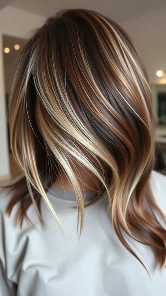 Dark espresso hair with gray babylights, showcasing a blend of rich brown and soft gray highlights.