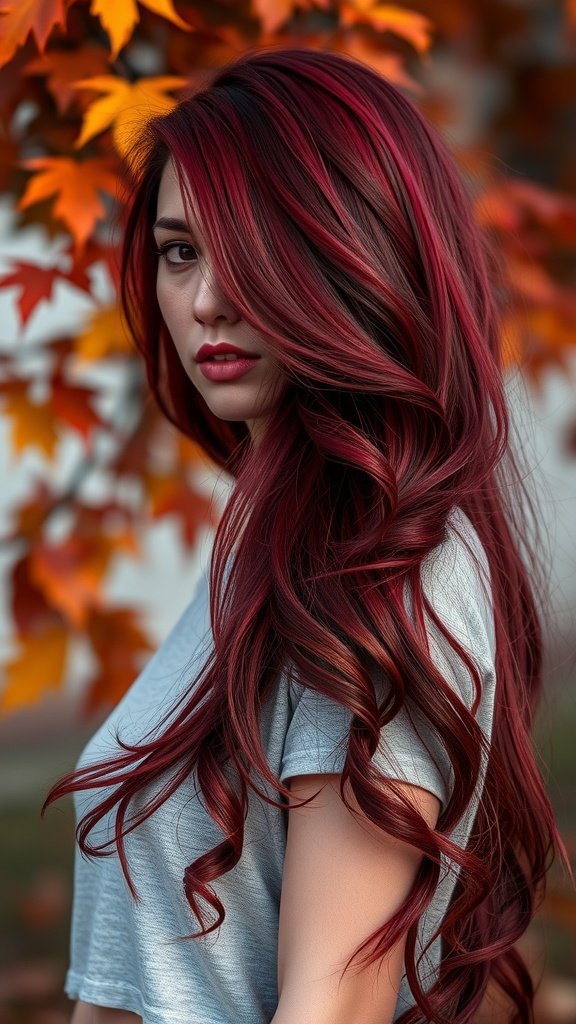 A woman with deep merlot red hair styled in waves, standing in front of autumn leaves.