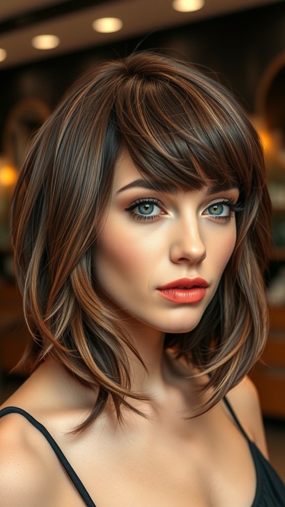 A woman with a high volume bob hairstyle, showcasing layers and soft highlights.