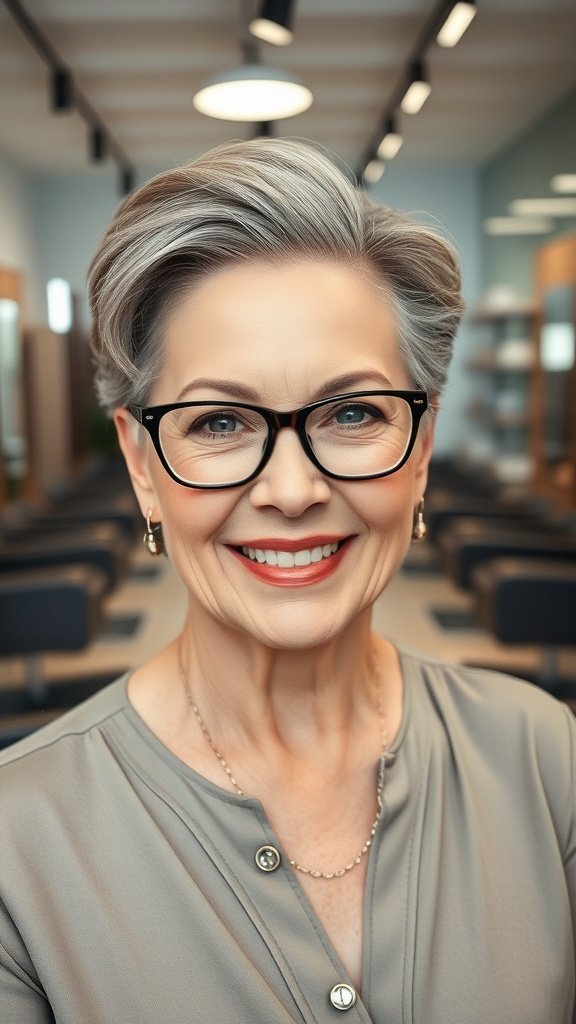 A woman over 70 with a swept-back short haircut, wearing glasses and smiling.