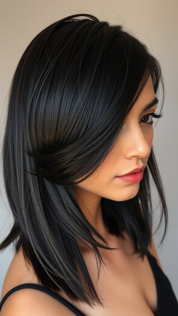 A woman with glossy raven-black medium-length hair styled with slight inward curls.