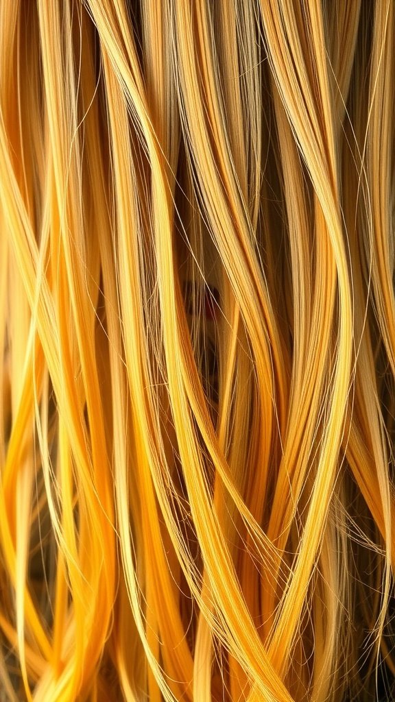 Close-up of golden hair strands with a warm, vibrant hue